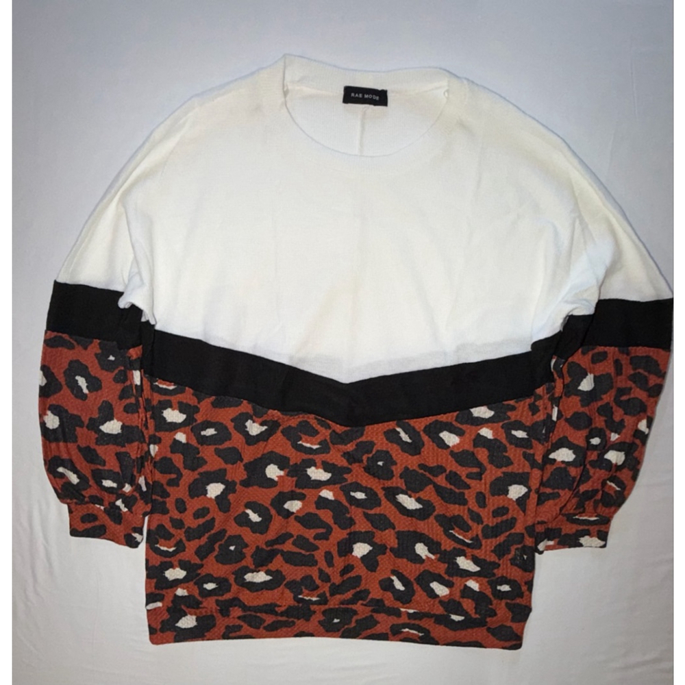 RAE MODE Women 1X Crew Neck Sweater Leopard Print Color Block White Orange NWOT